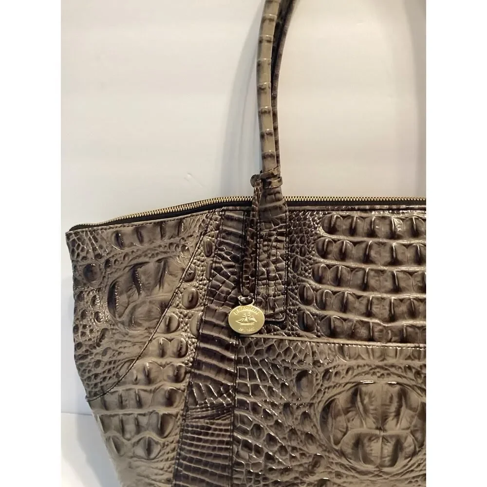 Brahmin Gray And Brown Large Genuine Leather‎ Tote Bag Purse